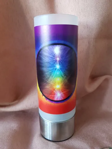 Edles Windlicht Sujet der Chakren-Farben,energetisiert mit „Kristallinen Strahl der Elohim“ von Petra Gandia